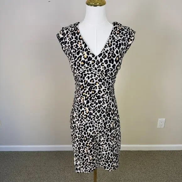 H&M Leopard Print Fitted V Neck Pencil Mini Dress US Women's 4 - Picture 2 of 6